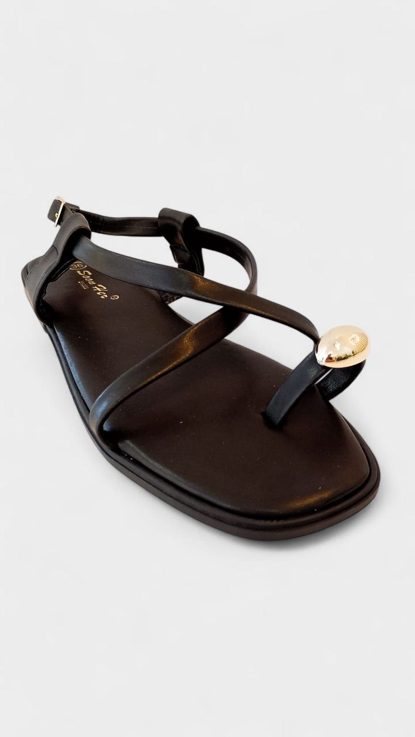 Sandalia plana tiras chapa dedo new negro