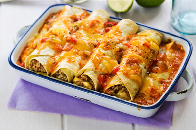 Chicken Enchiladas with a topping of Cheese Sauce (Individual)