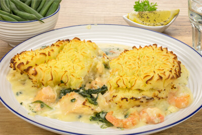Seafood Pie Topped with Creamy Mashed Potatoes -Family size serves 4 -5 portions