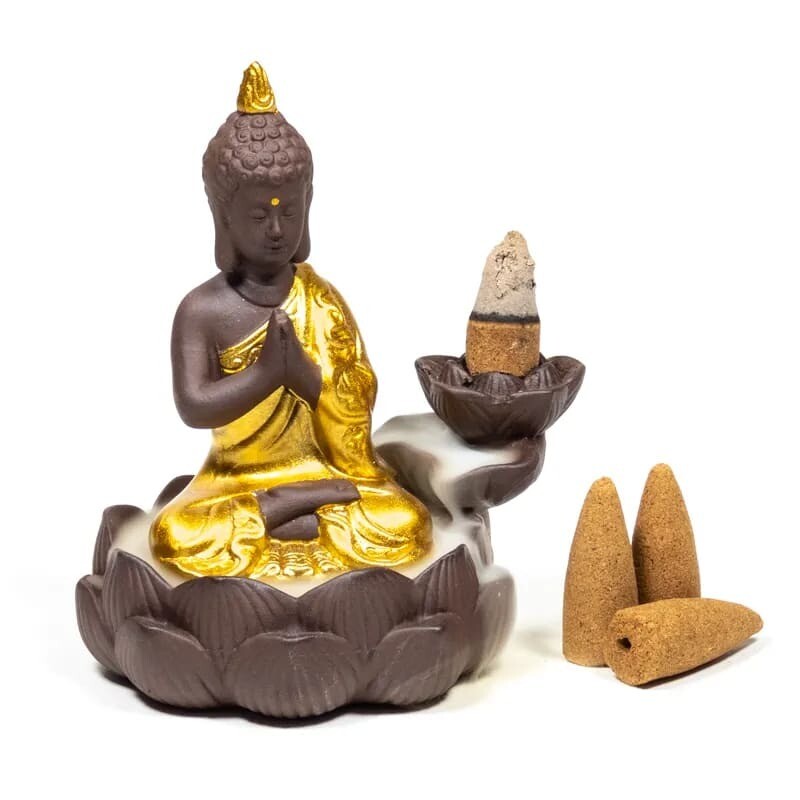 Incensiere con Cascata a Riflusso  per Coni Profumati - Buddha Dorato