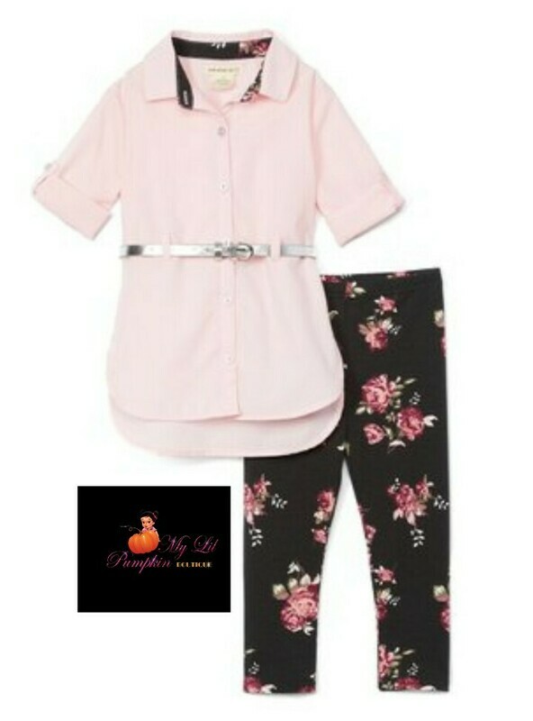Pink belted shirt dress &amp; black floral leggings