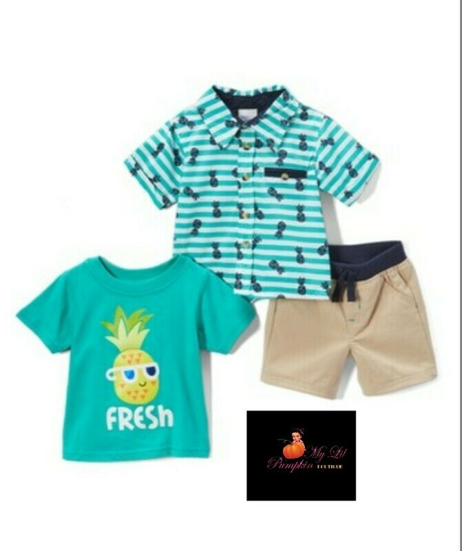 Blue stripe pineapple 3 piece boy shorts set.