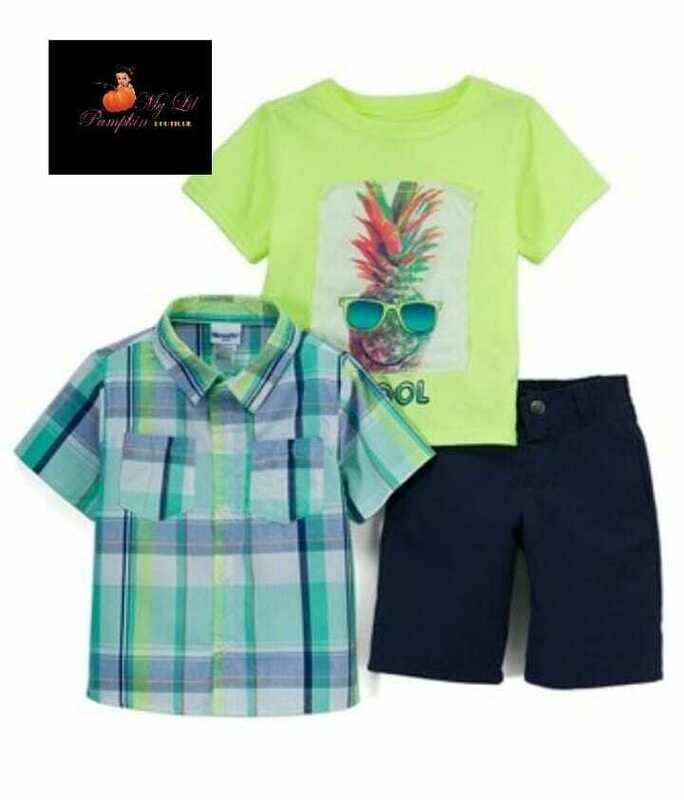 Green plaid pineapple 3 piece shorts set