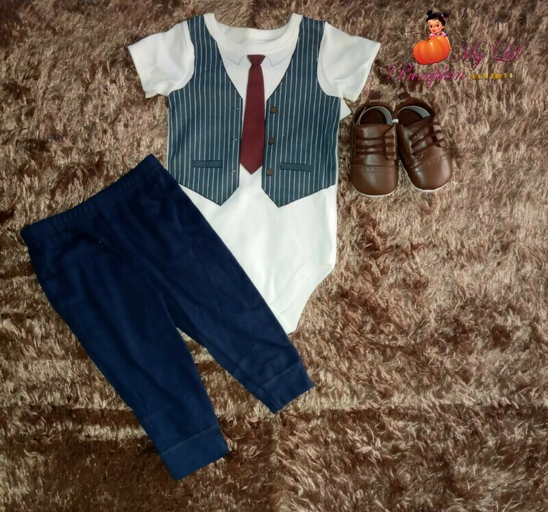 Navy blue &amp; burgundy tie vest 3 piece bodysuit set