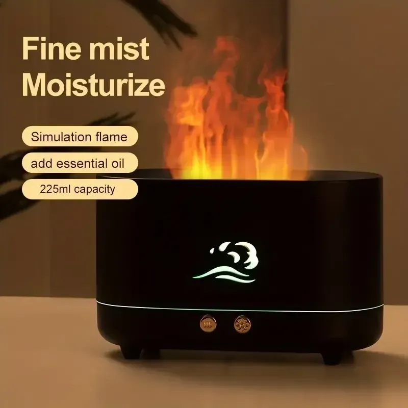 Aroma-Diffusor (schwarz), Lampe Für Ätherische Öle, Simulationsflamme, Aroma-Diffusor, 225 Ml, mit farbiger Flamme, Nachtlicht, Diffusor Für Ätherische Öle