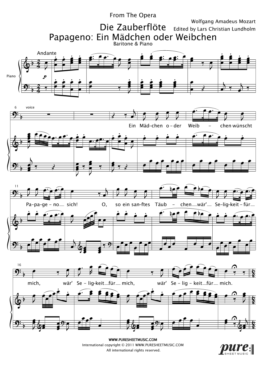 Ein Madchen Oder Weibchen Papageno S Aria From The Opera Die Zauberflote K620 In F Major For Baritone And Piano By Wolfgang Amadeus Mozart 7 Pages
