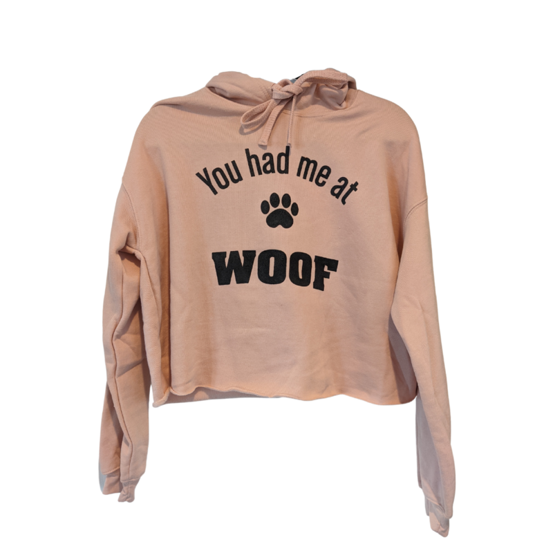 Women's Cropped Fleece Hoodie You had me at Woof (Peach)