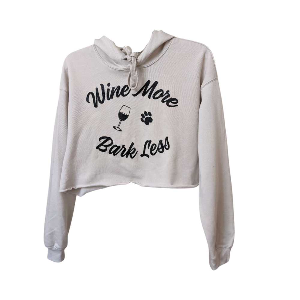 Women's Cropped Fleece Hoodie Wine More Bark Less (Heather Dust)