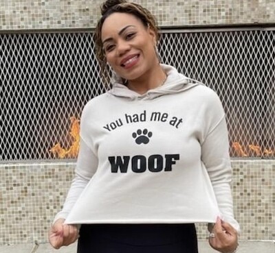 Women's Cropped Fleece Hoodie You had me at Woof (Heather Dust)
