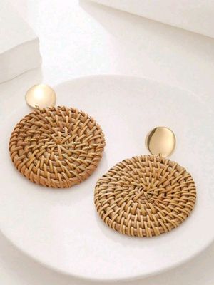 Brincos Geométricos de Madeira Trançada à Mão em Rattan Boho