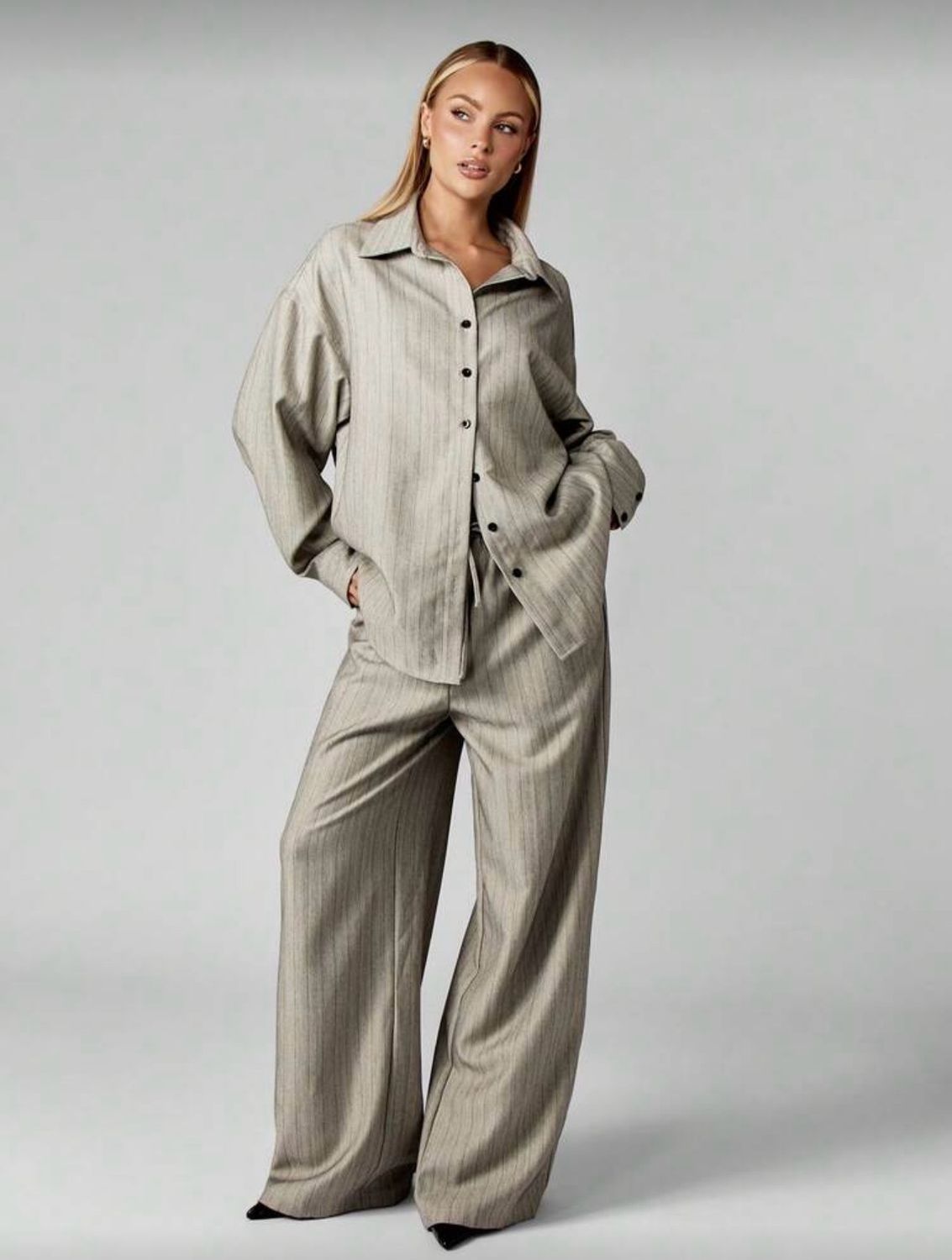Casual Pinstripe Oversized Palazzo Set With Button Front Shirt and Wide Leg Pants