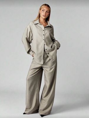 Casual Pinstripe Oversized Palazzo Set With Button Front Shirt and Wide Leg Pants