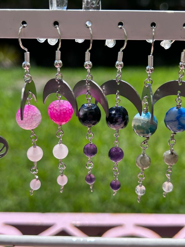 Pink Agate and Rose Quartz Moon Dangles