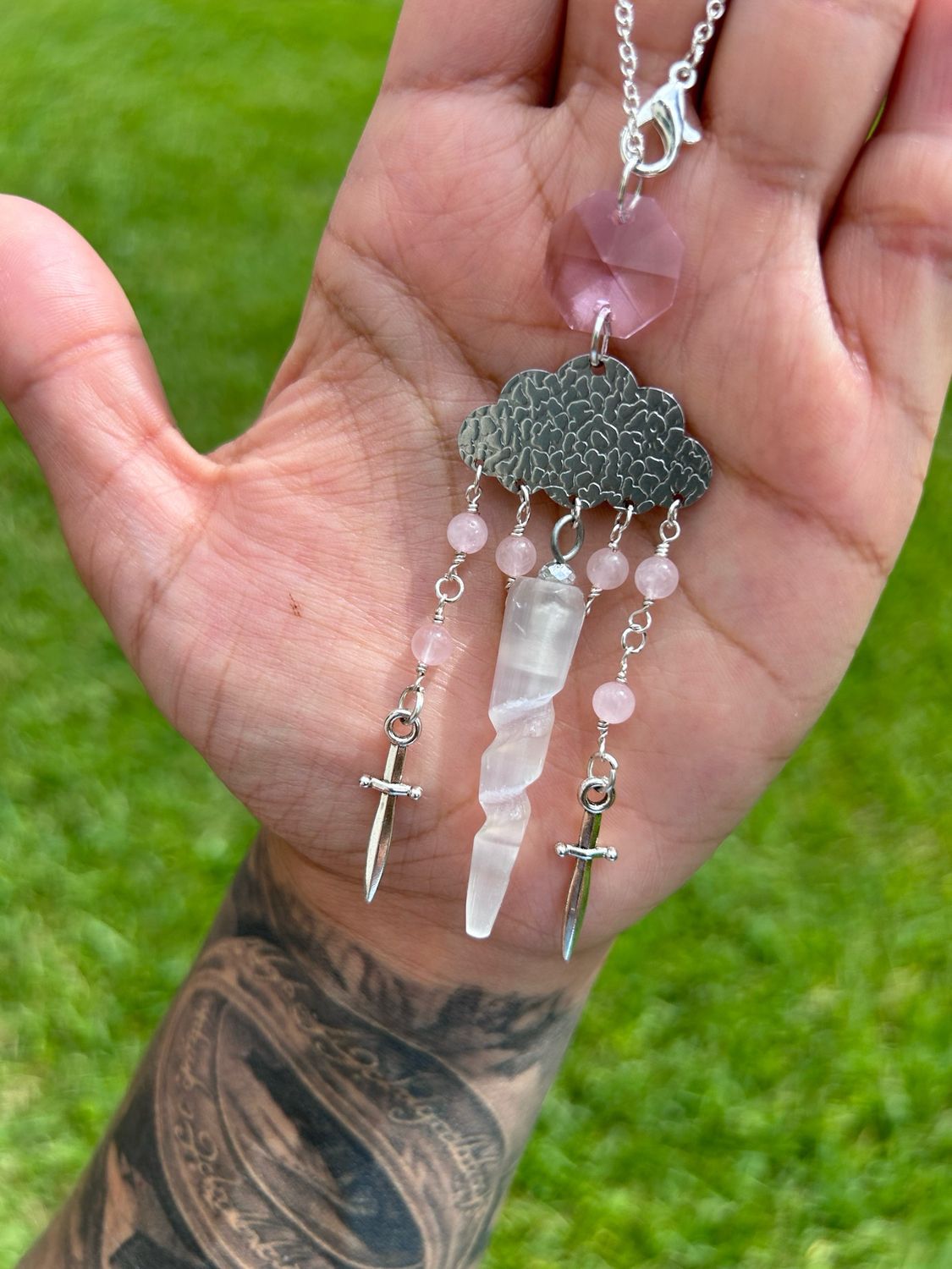 Selenite Unicorn Horn And Rose Quartz Car Charm