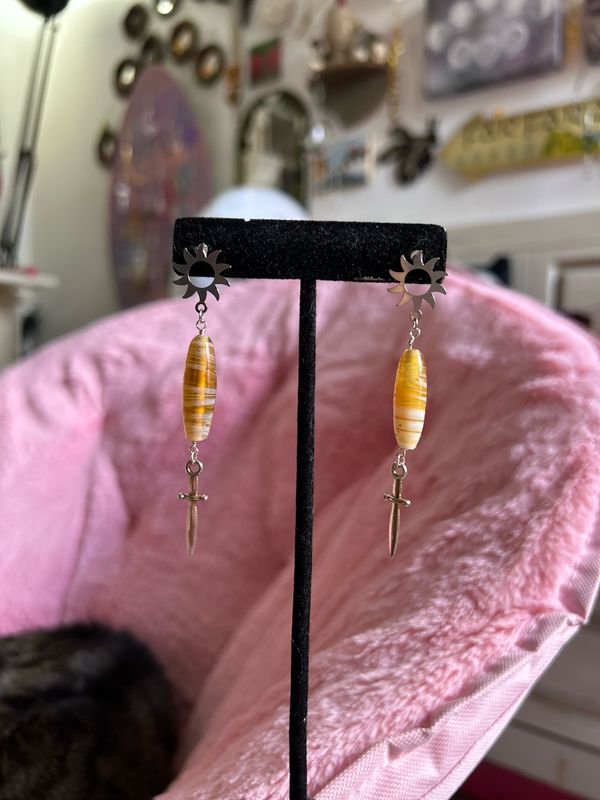 Sun And Sword Earrings With Glass Beads