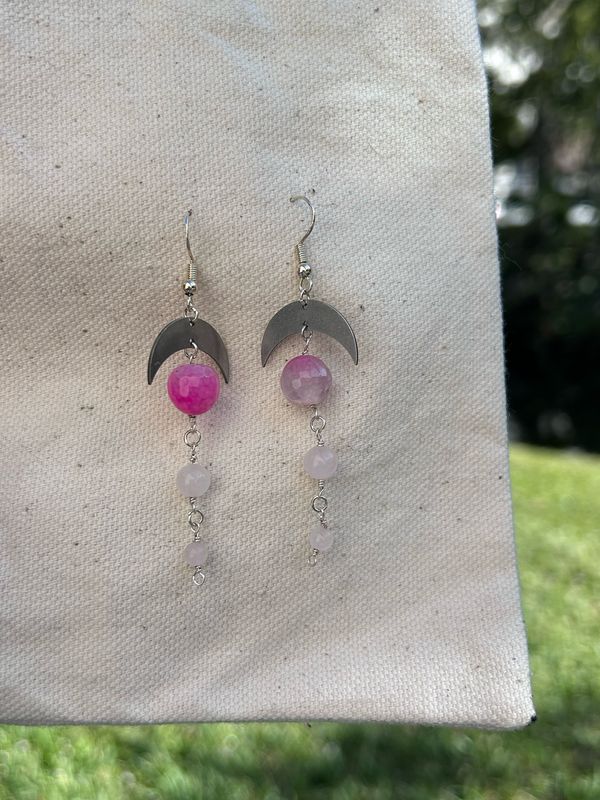 Pink Agate and Rose Quartz Moon Dangles