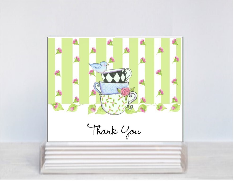 Green Stripes and tea Cups Boxed Note Cards