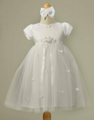 Butterfly Adorned Tulle and Satin Dress with Bow Clip - White