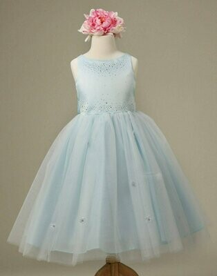 Tulle and Satin Dress with Flower Accents - Blue