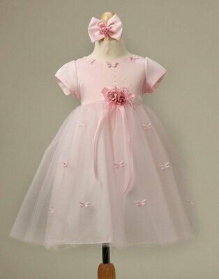 Butterfly Adorned Tulle and Satin Dress with Bow Clip - Pink