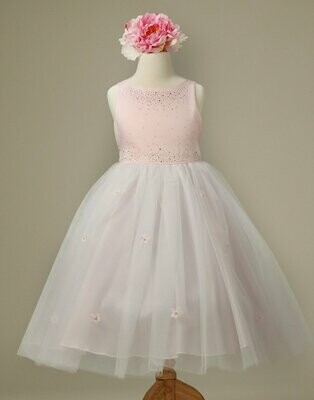 Tulle and Satin Dress with Flower Accents - Pink