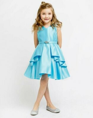 Satin Layered Dress with a Rhinestone Brooch - Turquoise