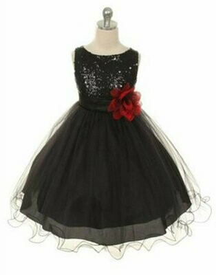 Sequined Bodice and Double Layer Mesh Dress - Black
