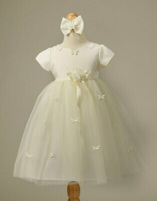 Butterfly Adorned Tulle and Satin Dress with Bow Clip - Ivory