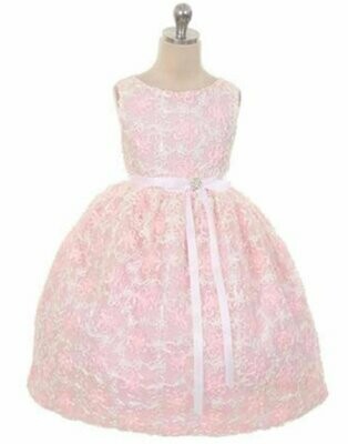 Floral Embroidered Lace Dress with Rhinestone Brooch - Pink