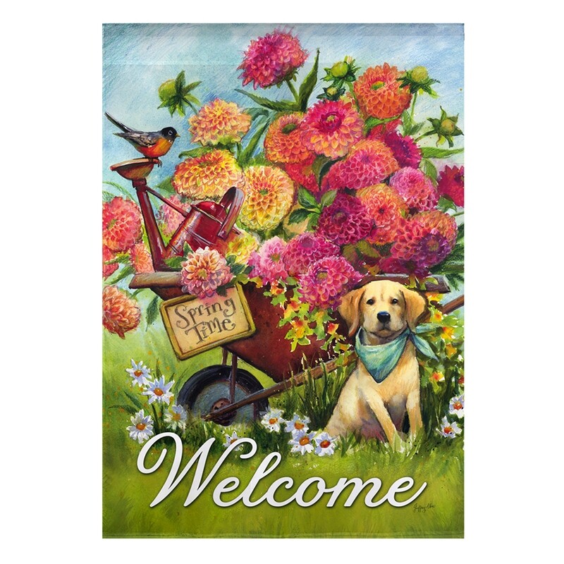 DO238G Wheelbarrow Pup Garden Flag