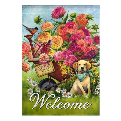 DO238G Wheelbarrow Pup Garden Flag DO238G Wheelbarrow Pup Garden Flag