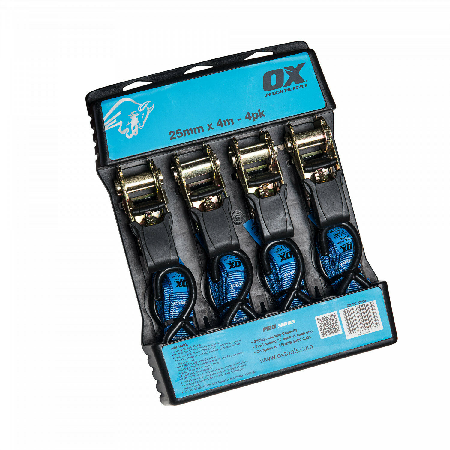 OX Professional 25mm x 4M Ratchet Tie Down Strap - 4pk