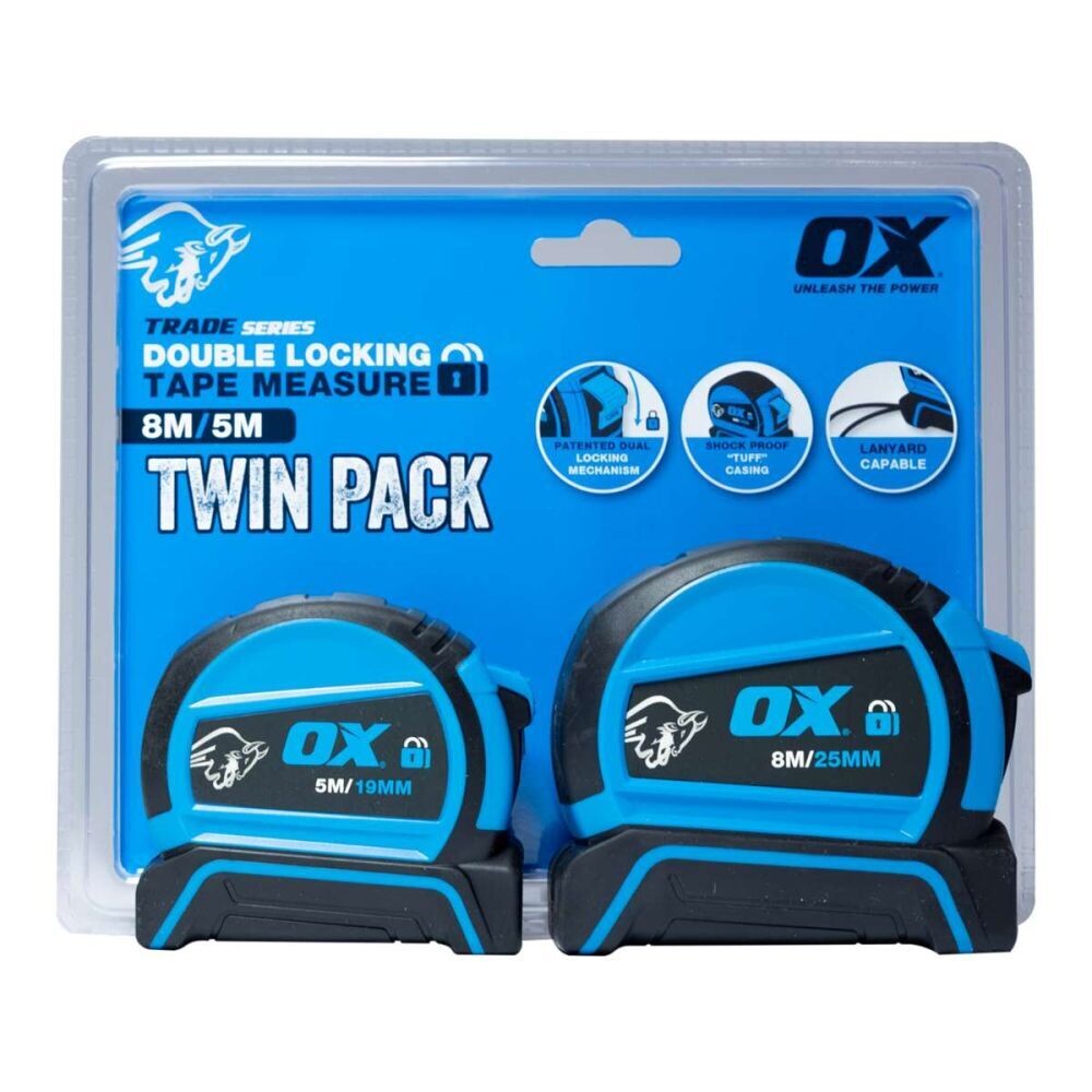 OX Double Locking Tape Measure - 8m/5m Twin Pack
