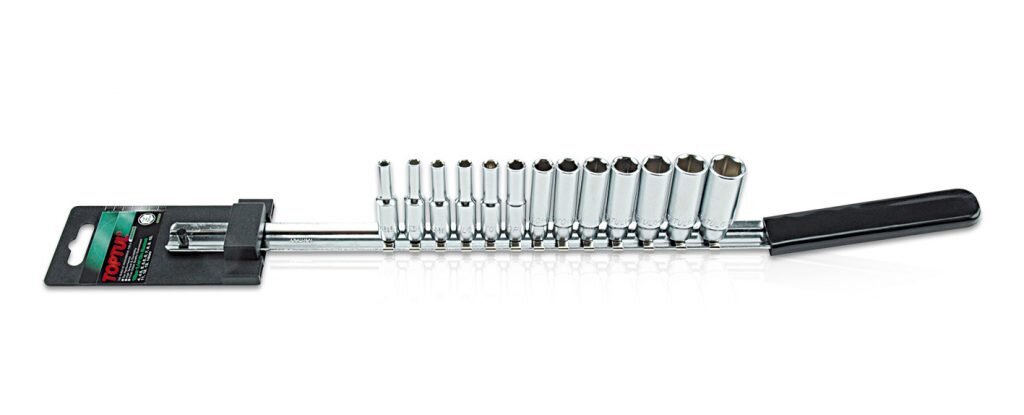 TOPTUL - 13 Piece 1/4" DR Deep 6PT Metric Socket Rail Set