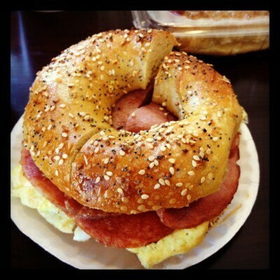 New York Bagel or "Hard" Roll, Ham, Egg and Cheese Sandwich