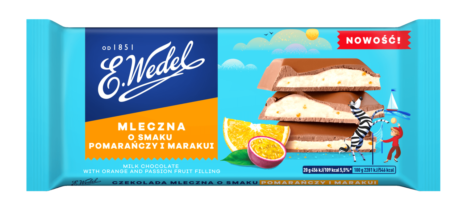 E. Wedel Milk Chocolate with Orange and Passion Fruit Filling (Mleczna o Smaku Pomaranczy i Marakui) 3.5 oz (100g)