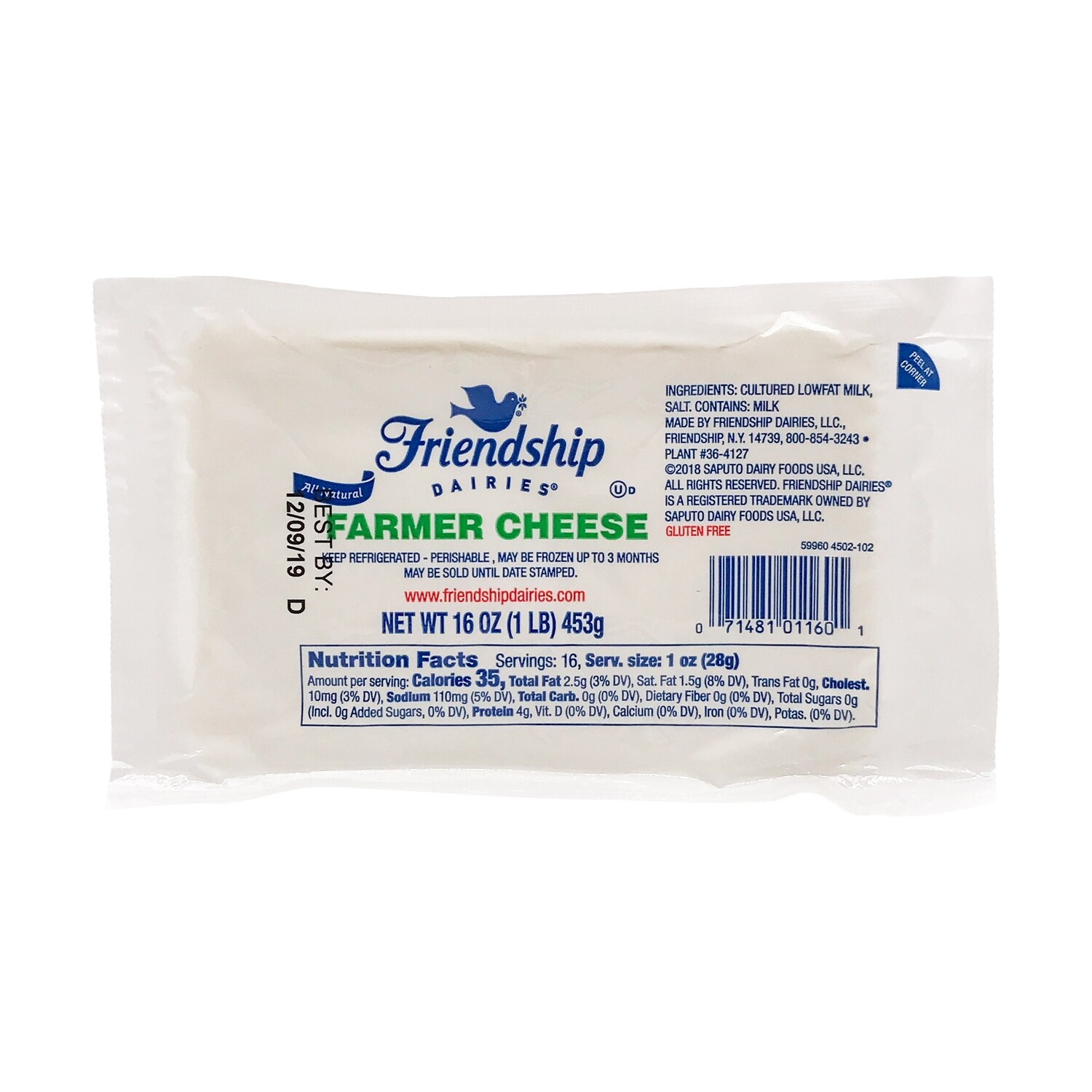 Friendship Dairies Farmer Cheese 1 lb (453g) block