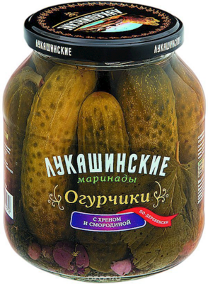 Lukashinskie Marinated Cucumbers Village Style with Black Currant, Horseradish, Dill, and Garlic 23.6 oz (670g)