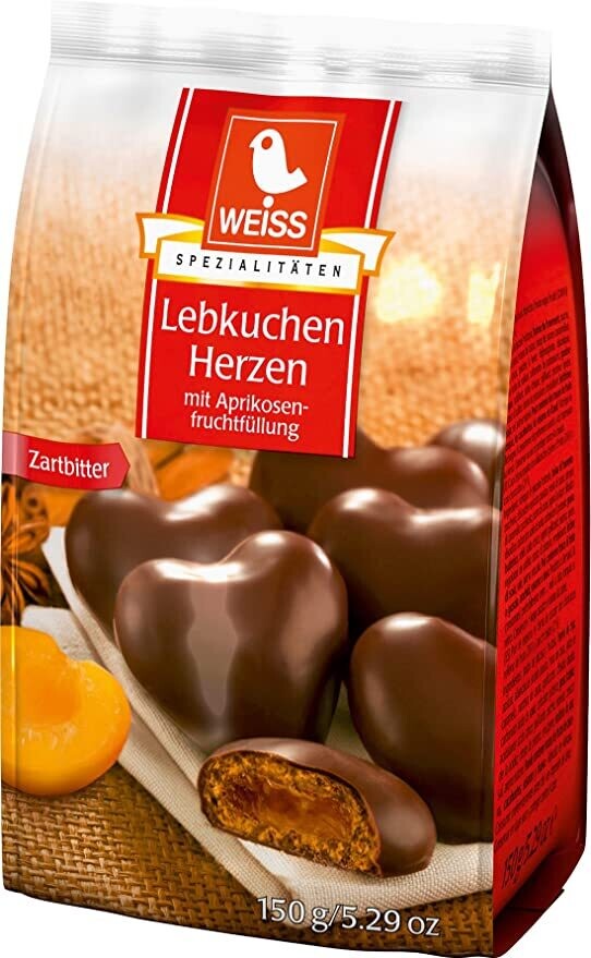 Weiss Gingerbread Apricot Filled Hearts (Lebkuchen Herzen) 5.3 oz (150g)