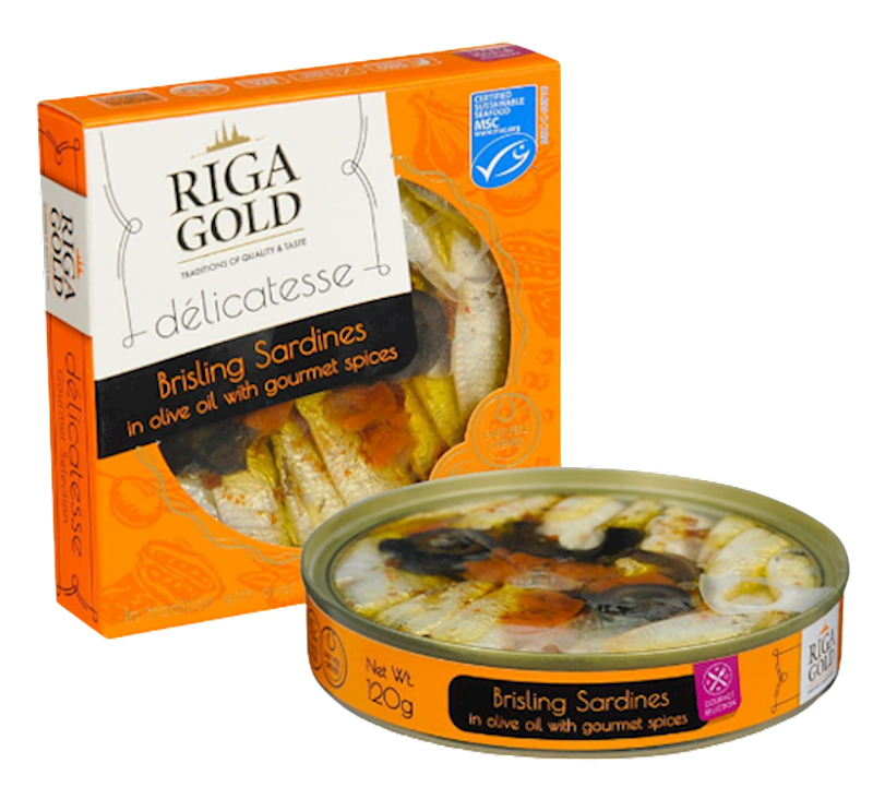 Riga Gold Delicatesse Brisling Sardines in Olive Oil with Gourmet Spices 4.2 oz (120g)