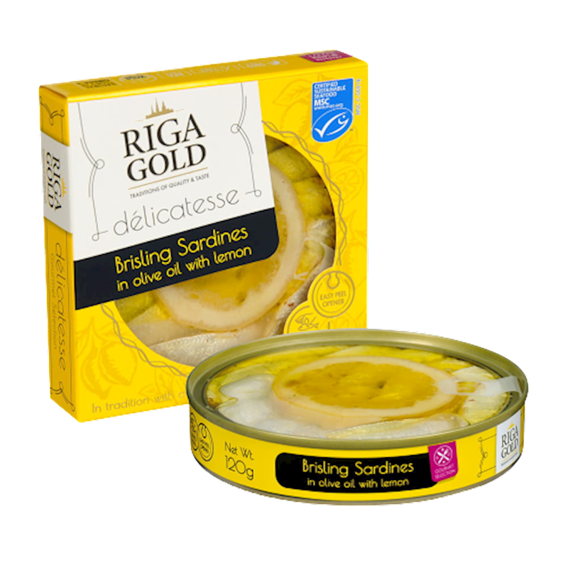 Riga Gold Delicatesse Brisling Sardines in Olive Oil with Lemon 4.2 oz (120g)