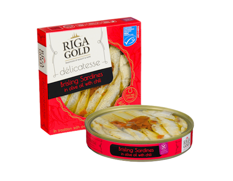 Riga Gold Delicatesse Brisling Sardines in Olive Oil with Chili 4.2 oz (120g)