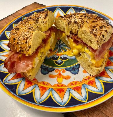 New York Bagel or  Kaiser &quot;Hard&quot; Roll, Polish Bacon, Farm Egg and Cheese Sandwich