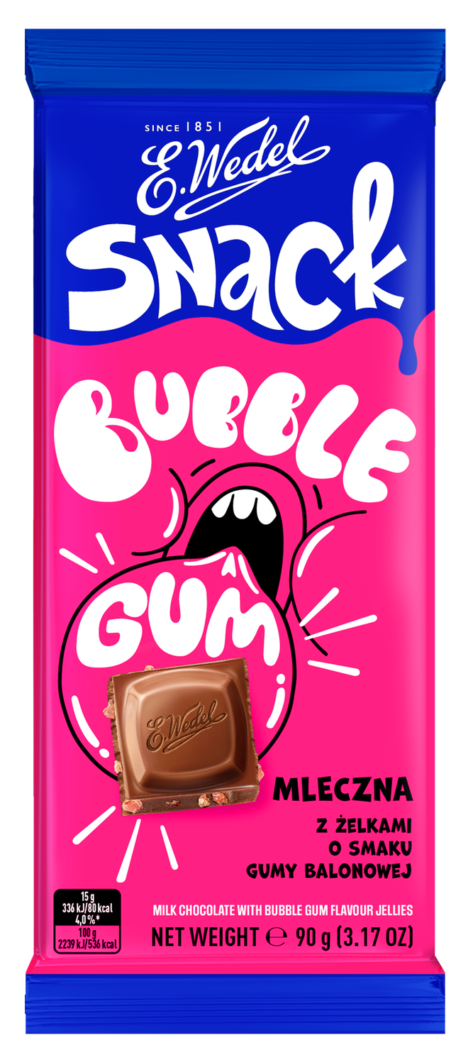 E. Wedel Snack Bubble Gum Milk Chocolate with Bubble Gum Flavor Jellies 3.2 oz (90g)