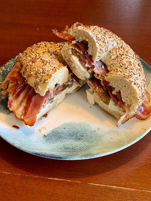New York Bagel or Kaiser "Hard" Roll, Polish Bacon, Tomato, and Cream Cheese Sandwich