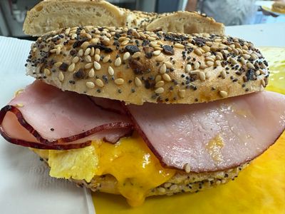 Dockside New York Bagel or Kaiser "Hard" Roll, Ham, Farm Egg and Cheese Sandwich. Order by Phone, In-Store and ONLINE. Dockside New York Bagel or Kaiser "Hard" Roll, Ham, Farm Egg and Cheese Sandwich. Order by Phone, In-Store and ONLINE.