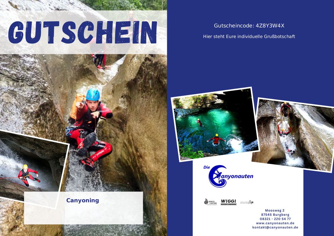 Gutschein Canyoning Halbtagestour, Design: Canyoning Blau