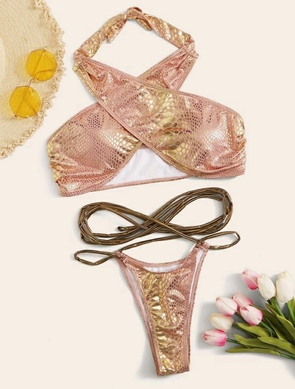 Crocodile Print Criss Cross Two Piece Swimsuit