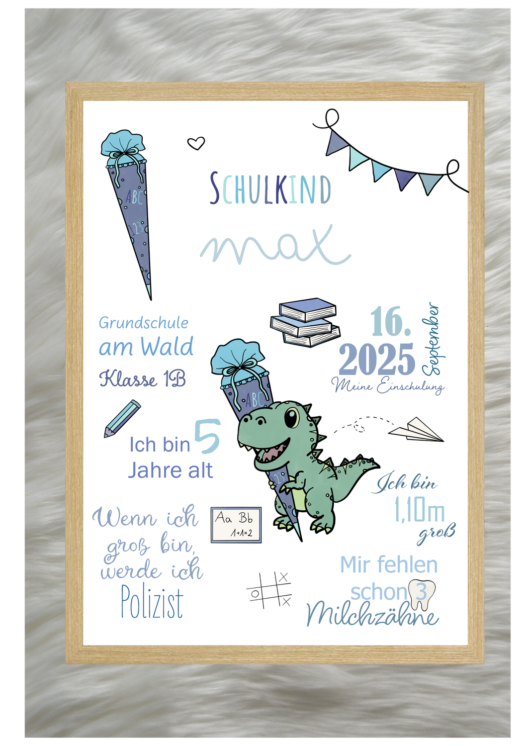 Meilensteintafel Einschulung - Dino mit Schultüte