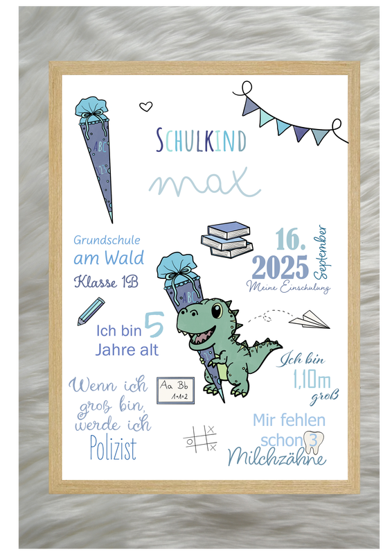 Meilensteintafel Einschulung - Dino mit Schultüte